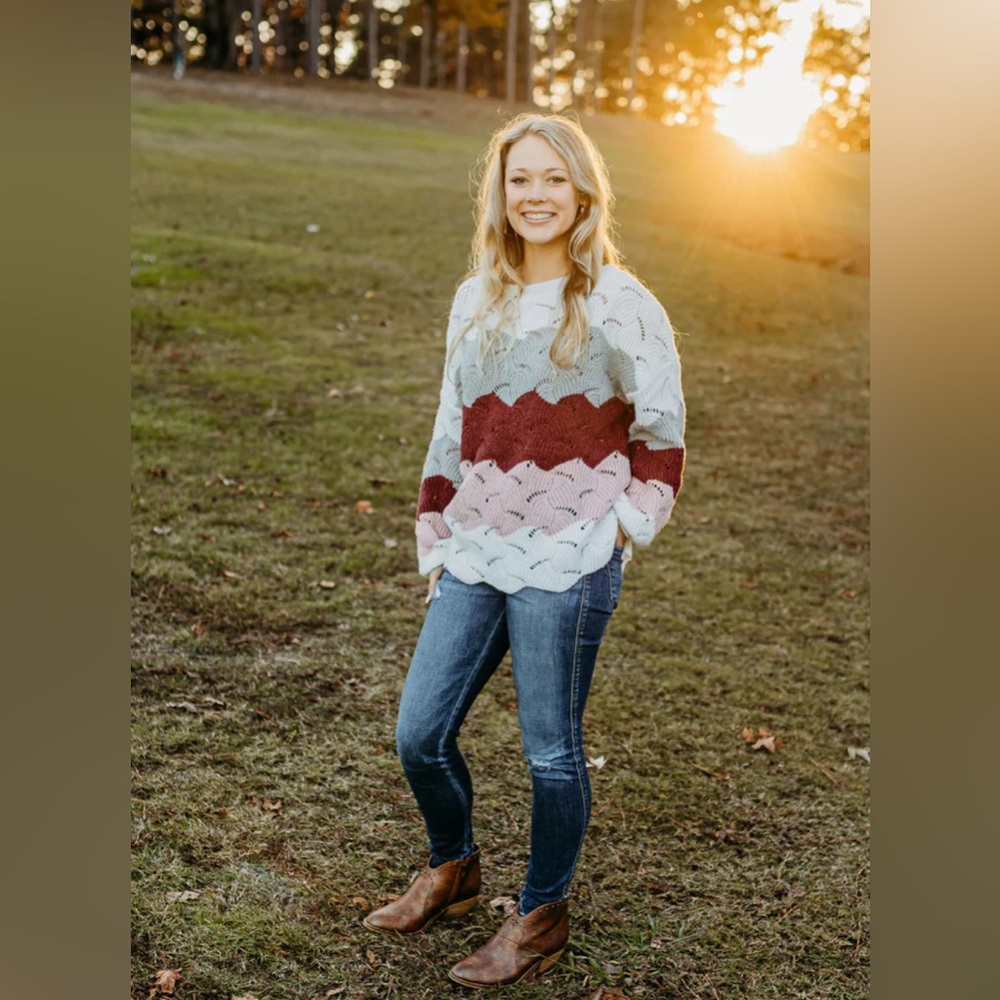 BiBi Textured Knit Sweater in Burgundy, Pink, Gray and White - Picture 2 of 7